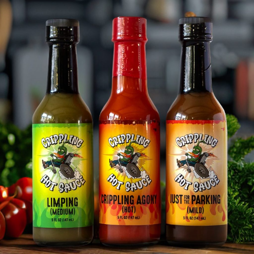 Three of the Crippling Hot Sauce flavors