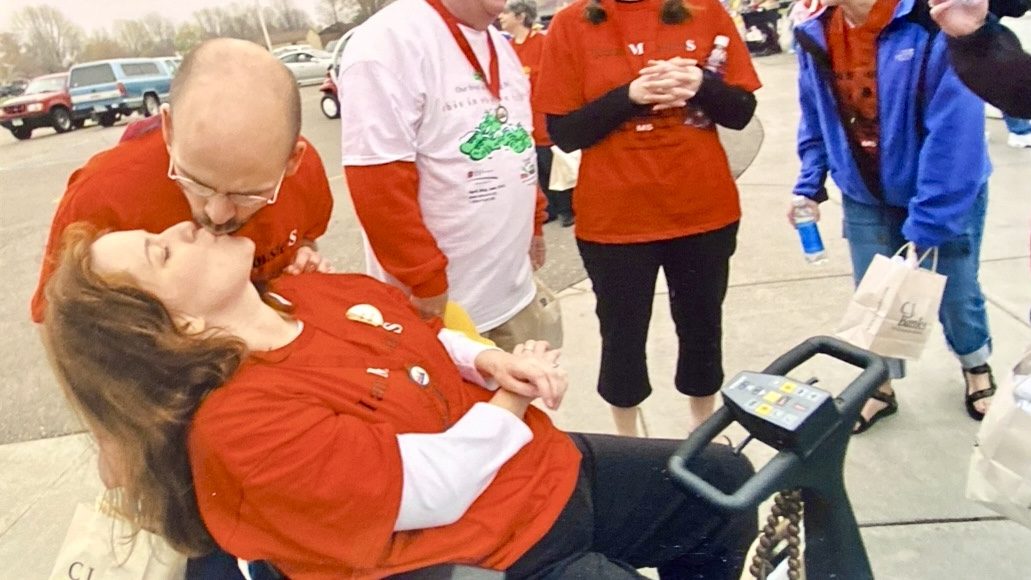 Celebration kiss at the finish line of Walk MS 2005 in Frankenmuth, just a few months before they got married