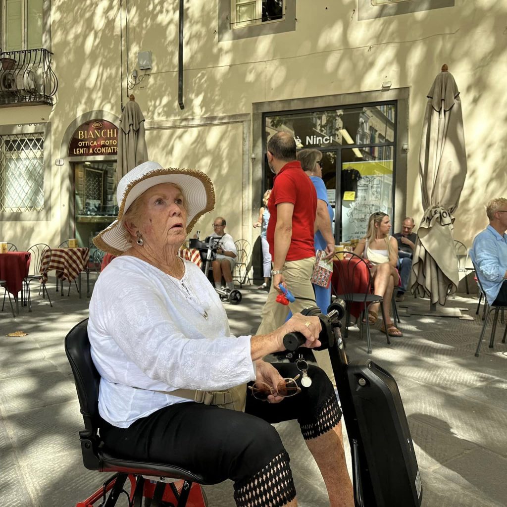 Jennifer Pollitt's mother using her Amigo TravelMate on vacation overseas.